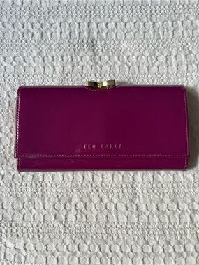Ted Baker Glossy Magenta Patent Leather Wallet with Gold Clasp